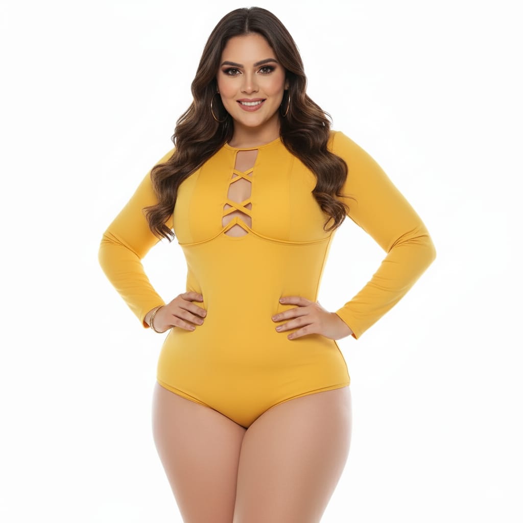 Colombian Mustard Lace-Up Long Sleeve Body Slimmer 2070