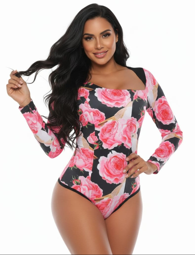 Colombian Pink Rose Floral Long Sleeve Body Slimmer 9010