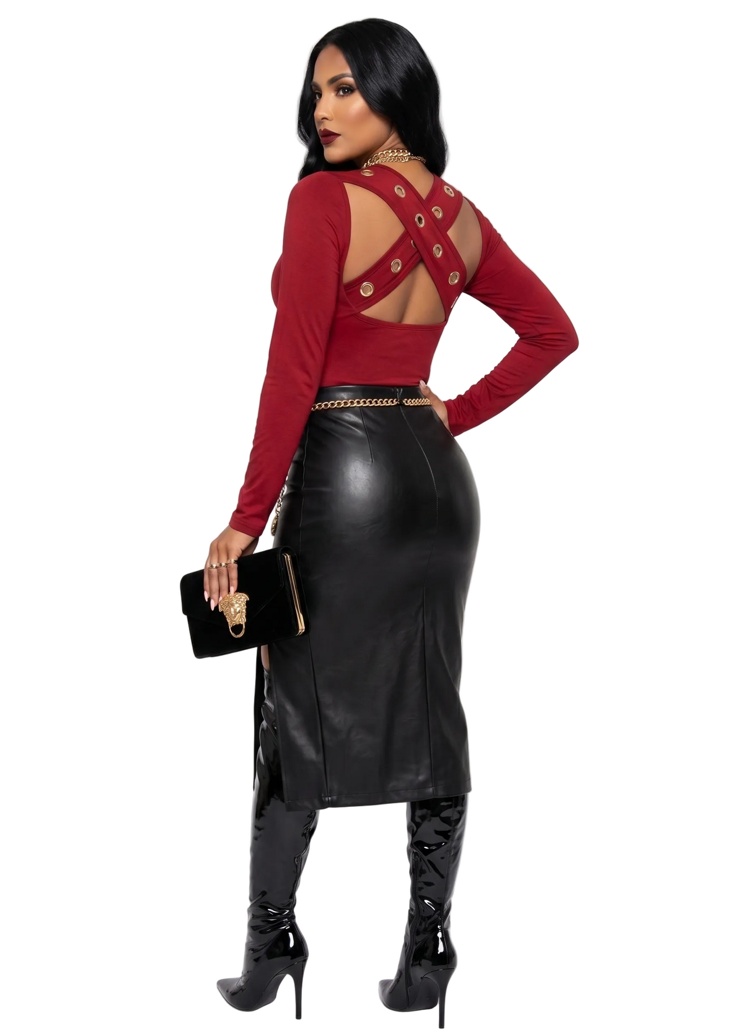 Colombian Red Grommet Criss Cross Back Long Sleeve Body Slimmer 7970