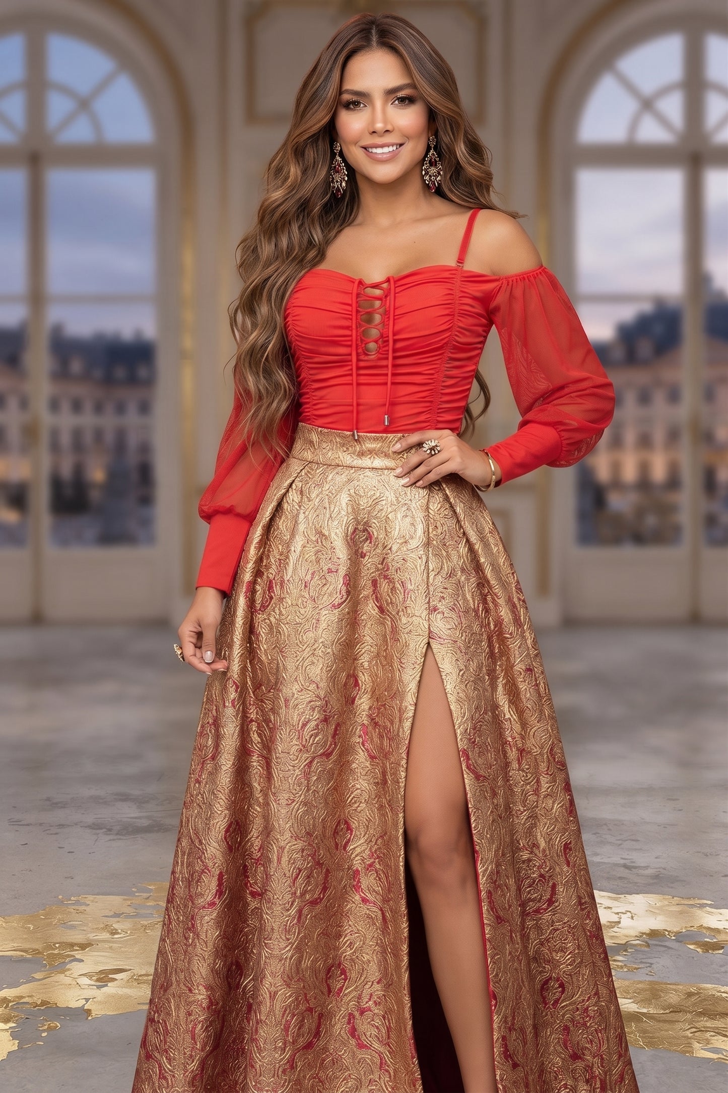 Colombian Red Lace-Up Ruched Off-The-Shoulder Mesh Long Sleeve Body Slimmer 7930