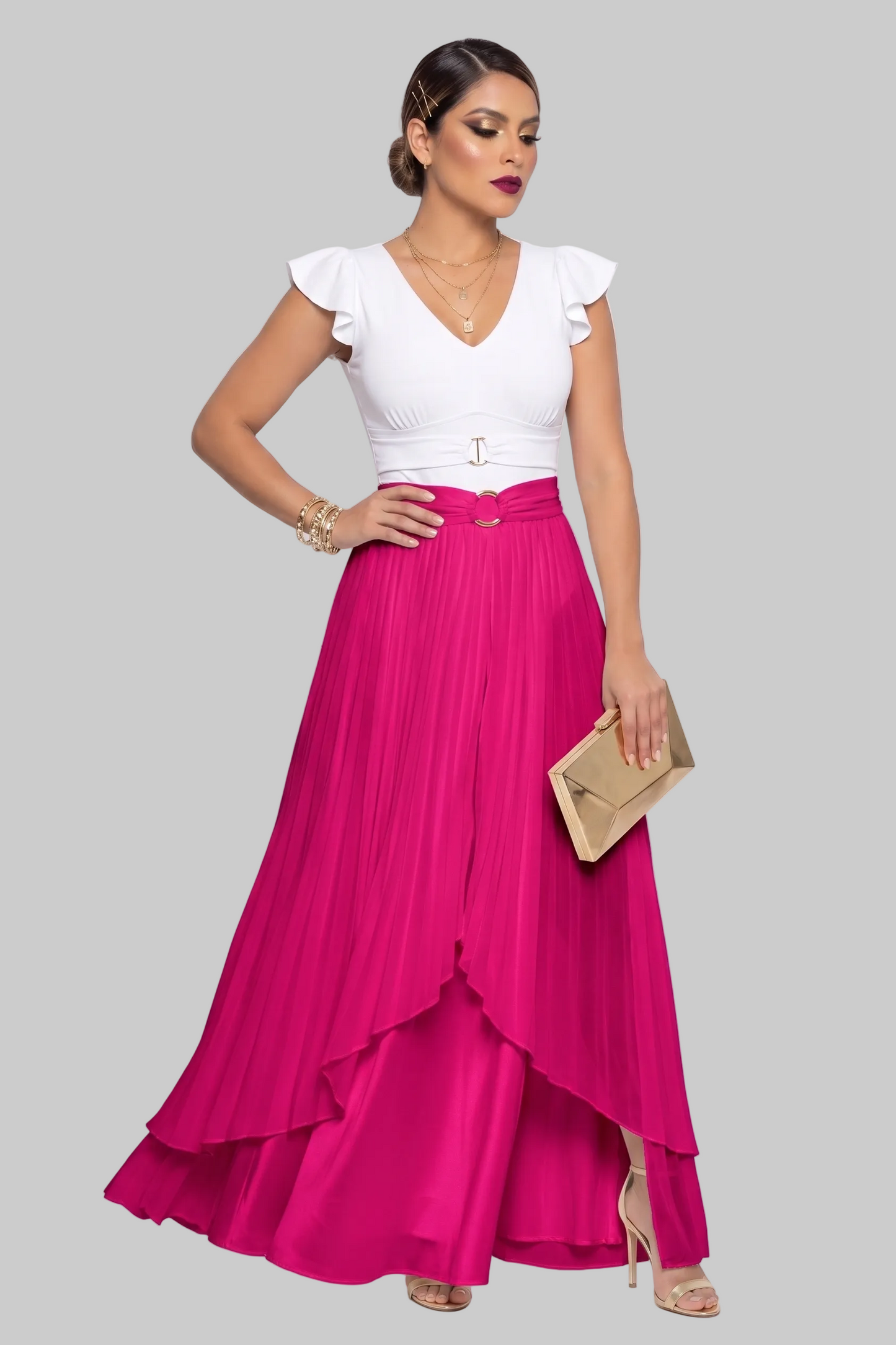 Colombian White Flutter Sleeve Belted Body Slimmer 9070
