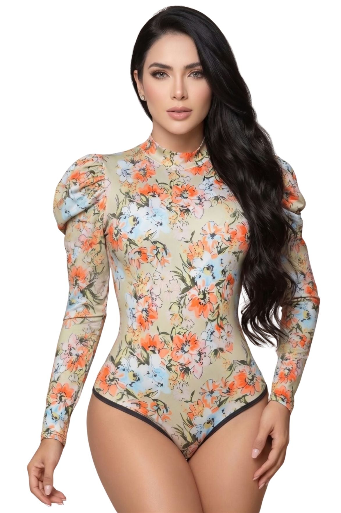 Colombian Beige Orange Floral Puff Sleeve Body Slimmer 7917