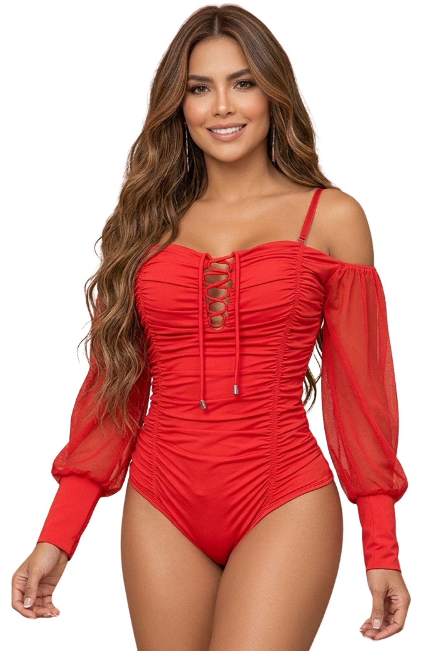 Colombian Red Lace-Up Ruched Off-The-Shoulder Mesh Long Sleeve Body Slimmer 7930