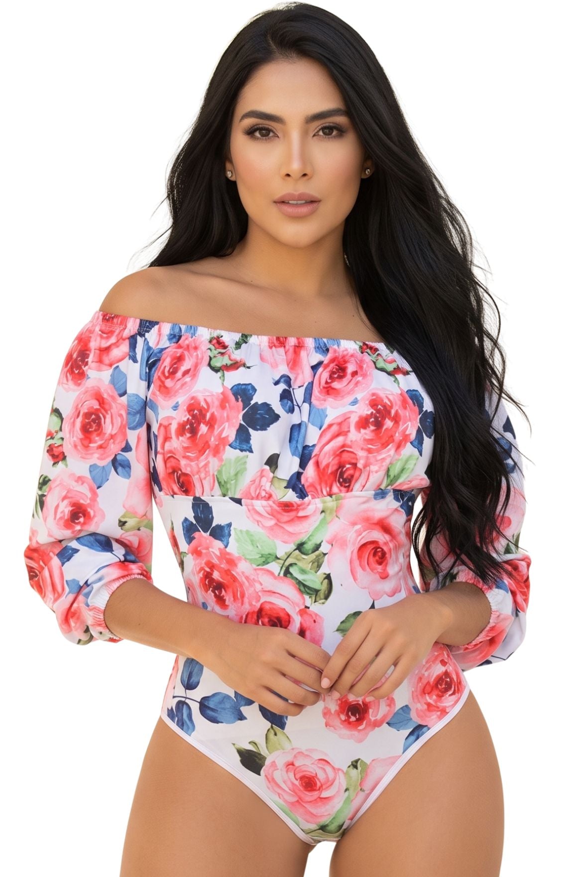 Colombian Pink Rose Off-The-Shoulder Floral Body Slimmer 7943