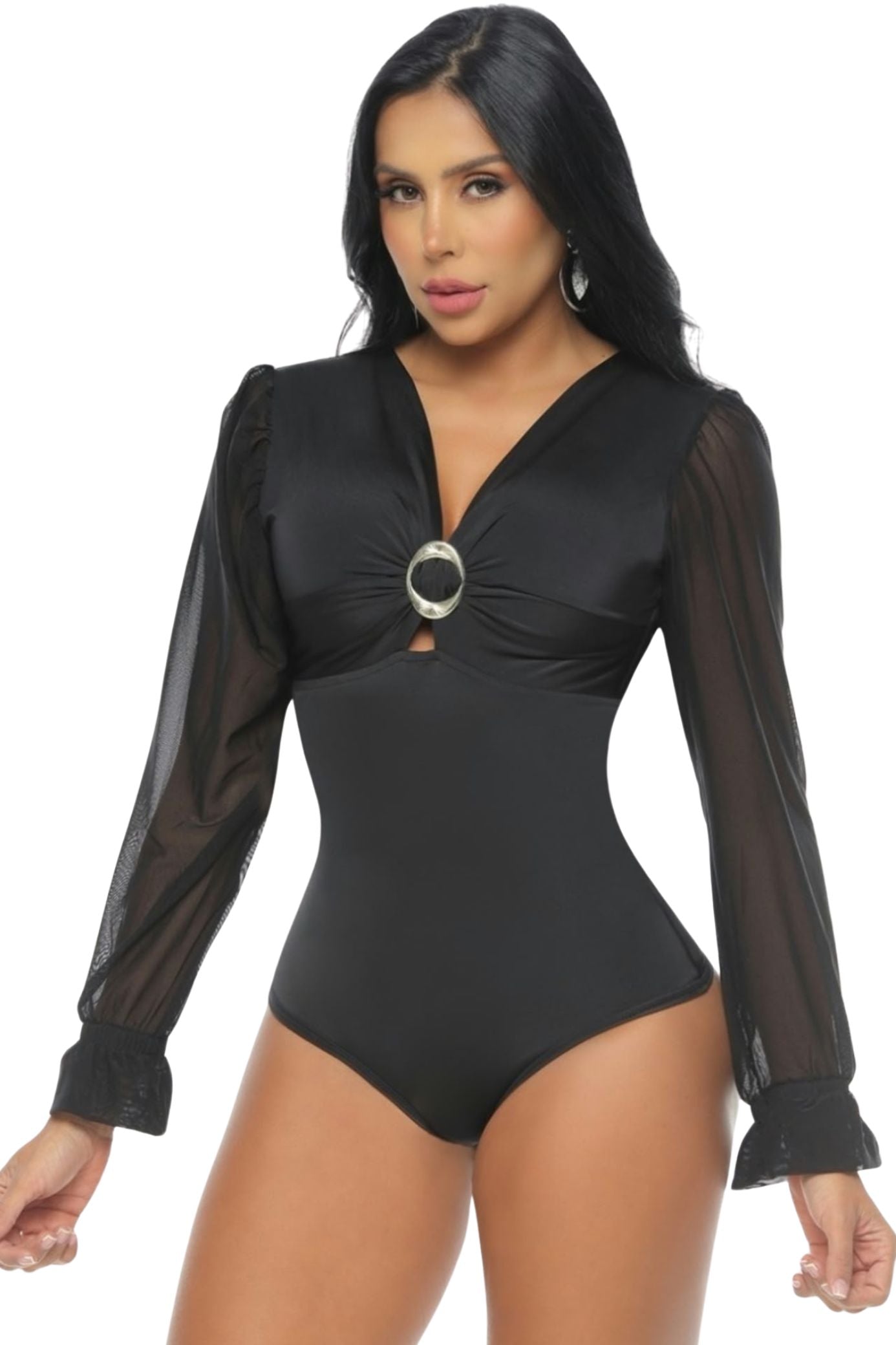 Colombian Black Ring Detail Mesh Long Sleeve Body Slimmer 7924
