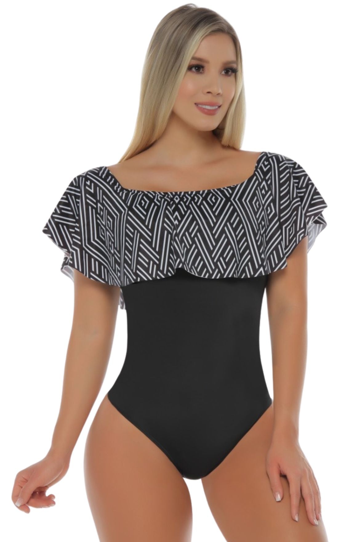 Colombian Black Geometric Ruffle Cape Body Slimmer 7859