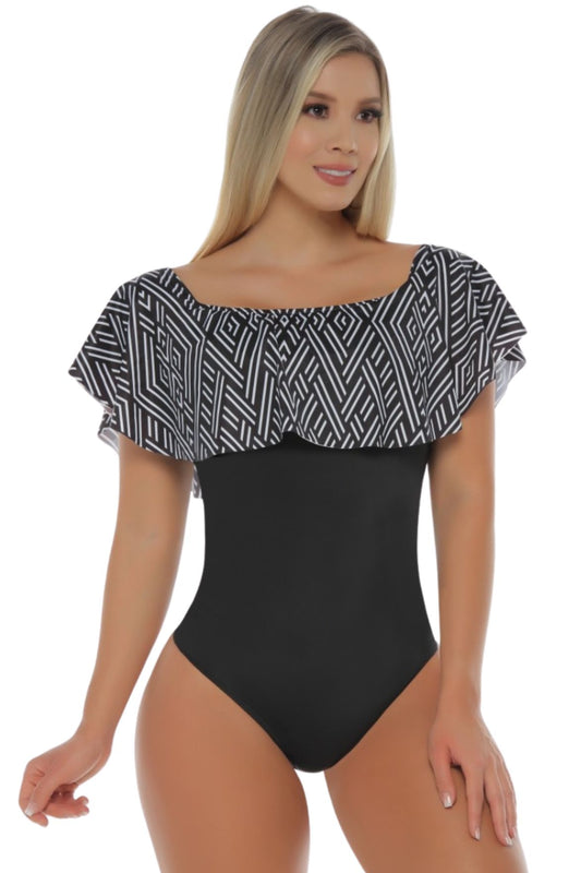 Colombian Black Geometric Ruffle Cape Body Slimmer 7859