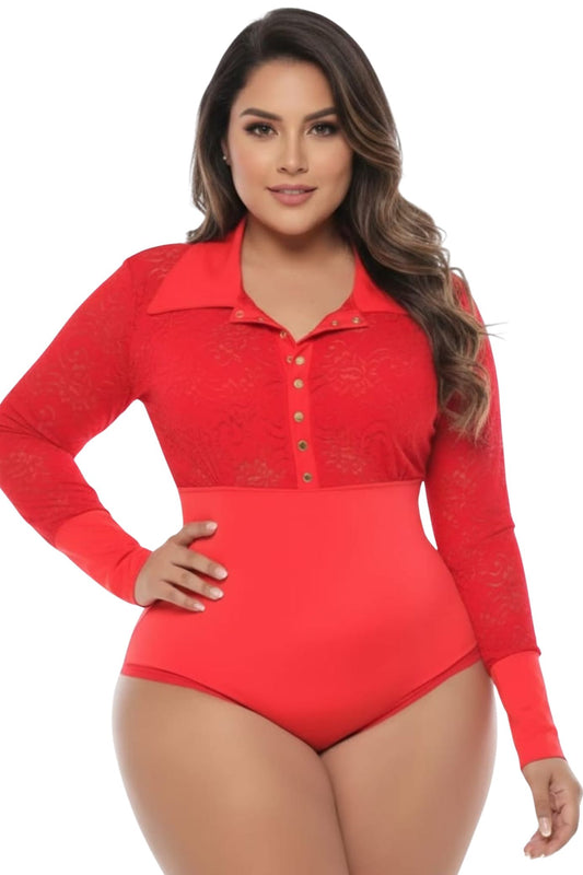 Colombian Red Lace Polo Zip Body Slimmer 8029