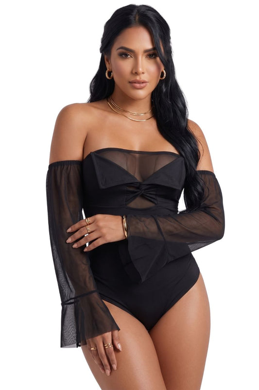 Colombian White Off-The-Shoulder Mesh Sleeve Body Slimmer 7989