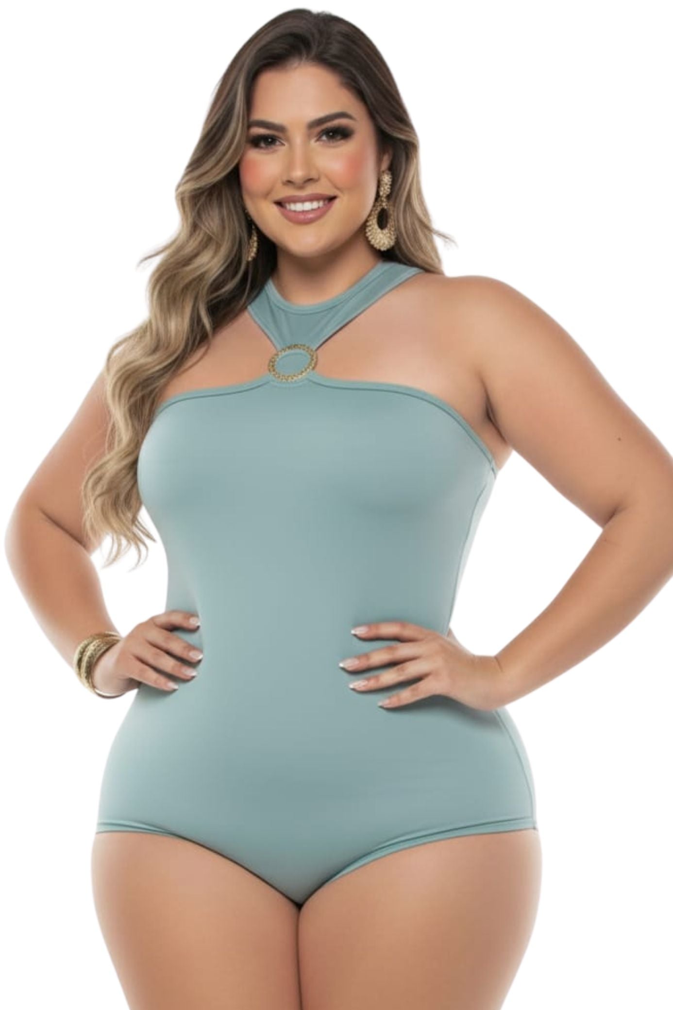 Colombian Mint Green Halter Neck Gold Ring Body Slimmer 8013