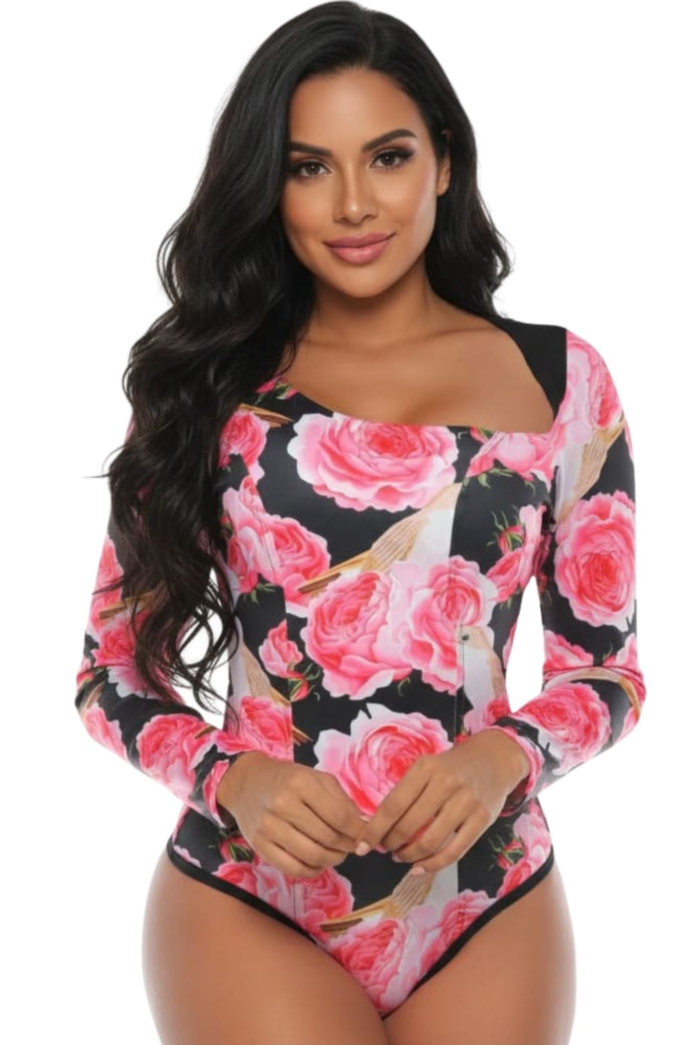 Colombian Pink Rose Floral Long Sleeve Body Slimmer 9010