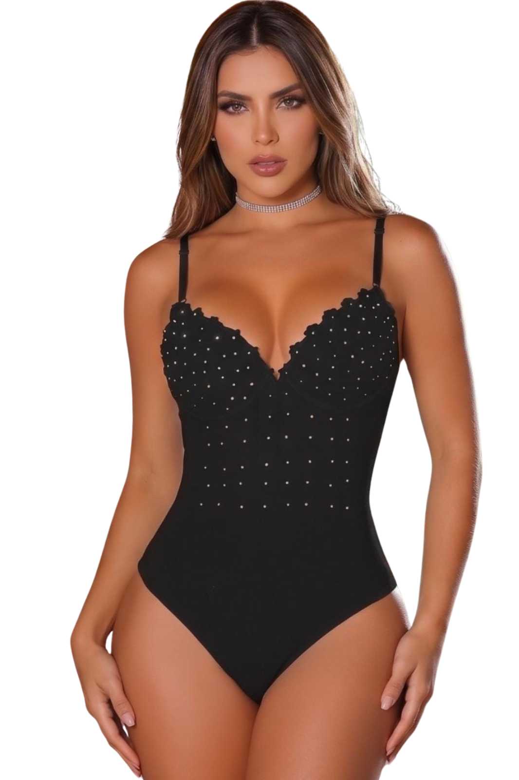 Colombian Black Rhinestone Spaghetti Strap Body Slimmer 673